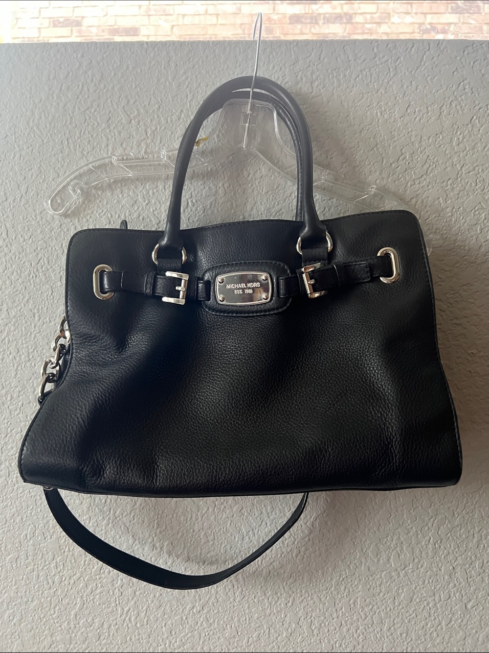Michael Kors Hamilton Traveler Large Belted Satchel Black Pebbled Leather